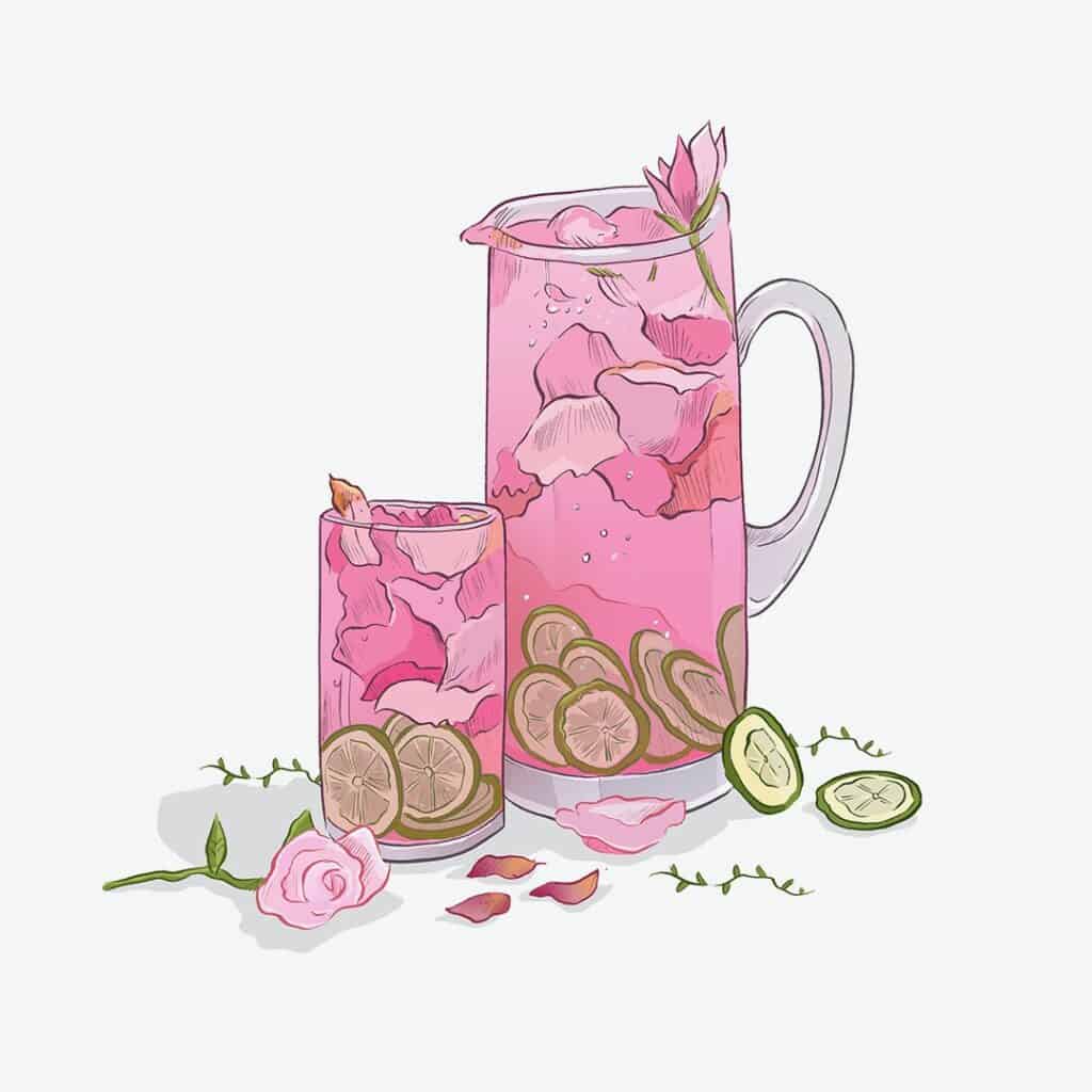 A drawing of pink lemonade in a pitcher and a glass decorated with edible roses and lime slices 