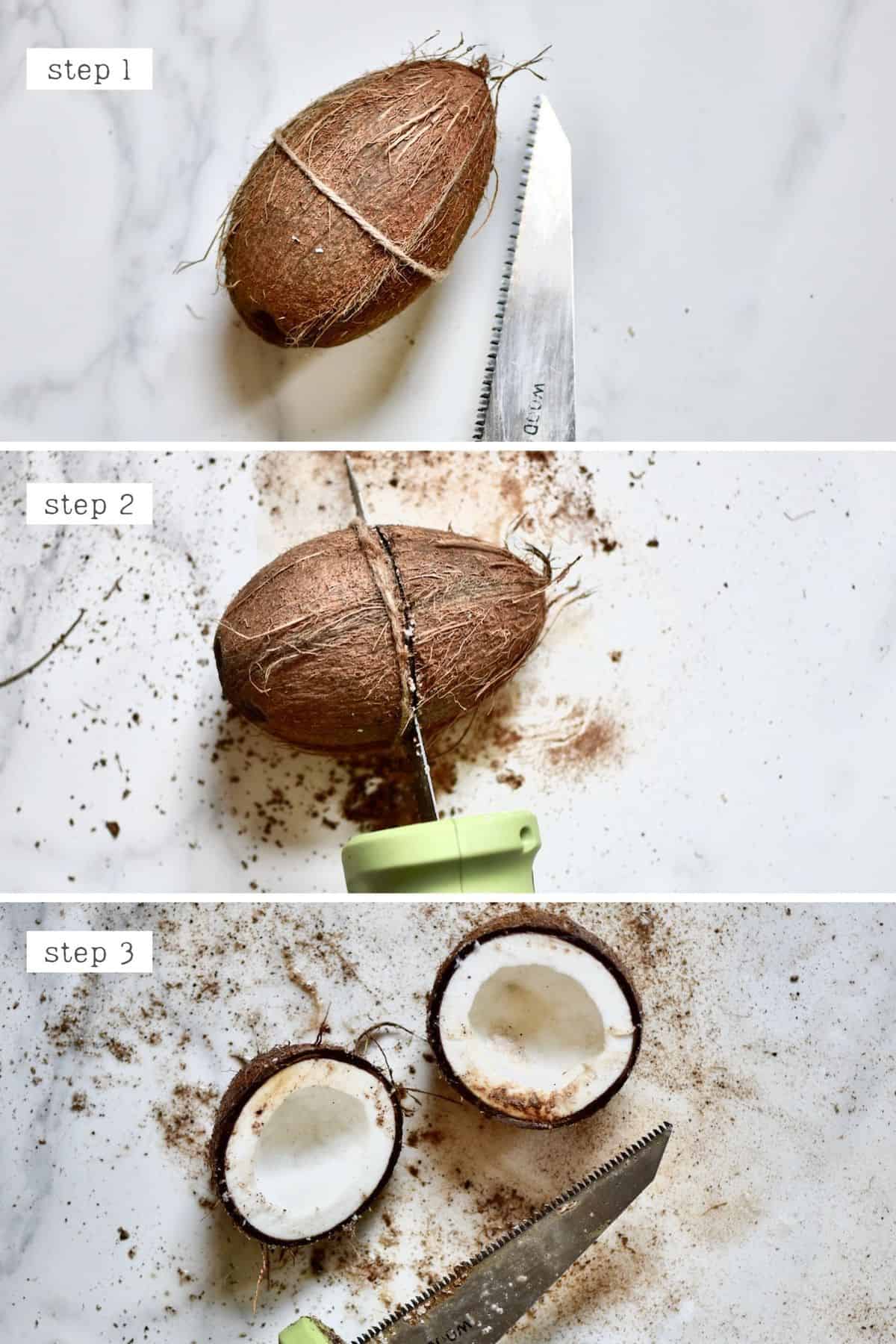 Steps of opening a coconut using a saw