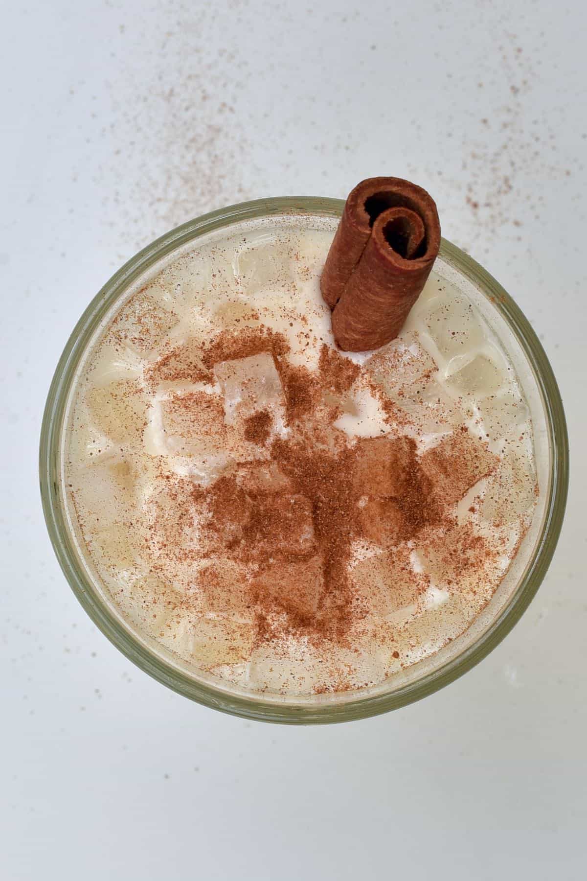 Mexican horchata drink topped with cinnamon and ice