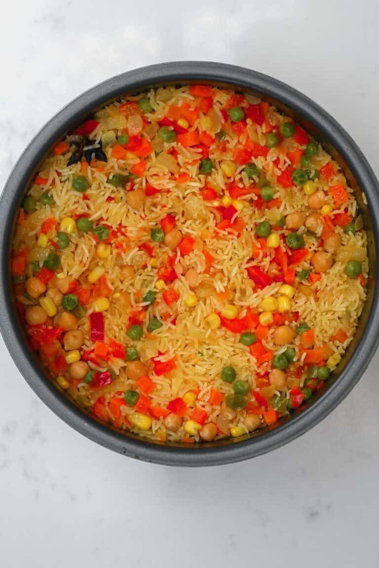 Easy Vegetable Rice Pilaf (Yellow Turmeric Rice | Vegan) - Alphafoodie